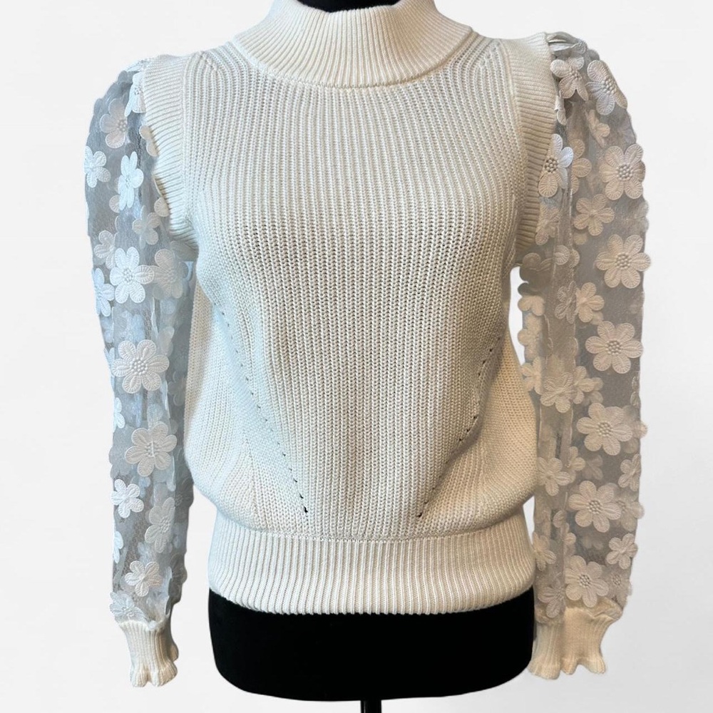 French Connection Cream Sweater with Floral Lace Sleeves